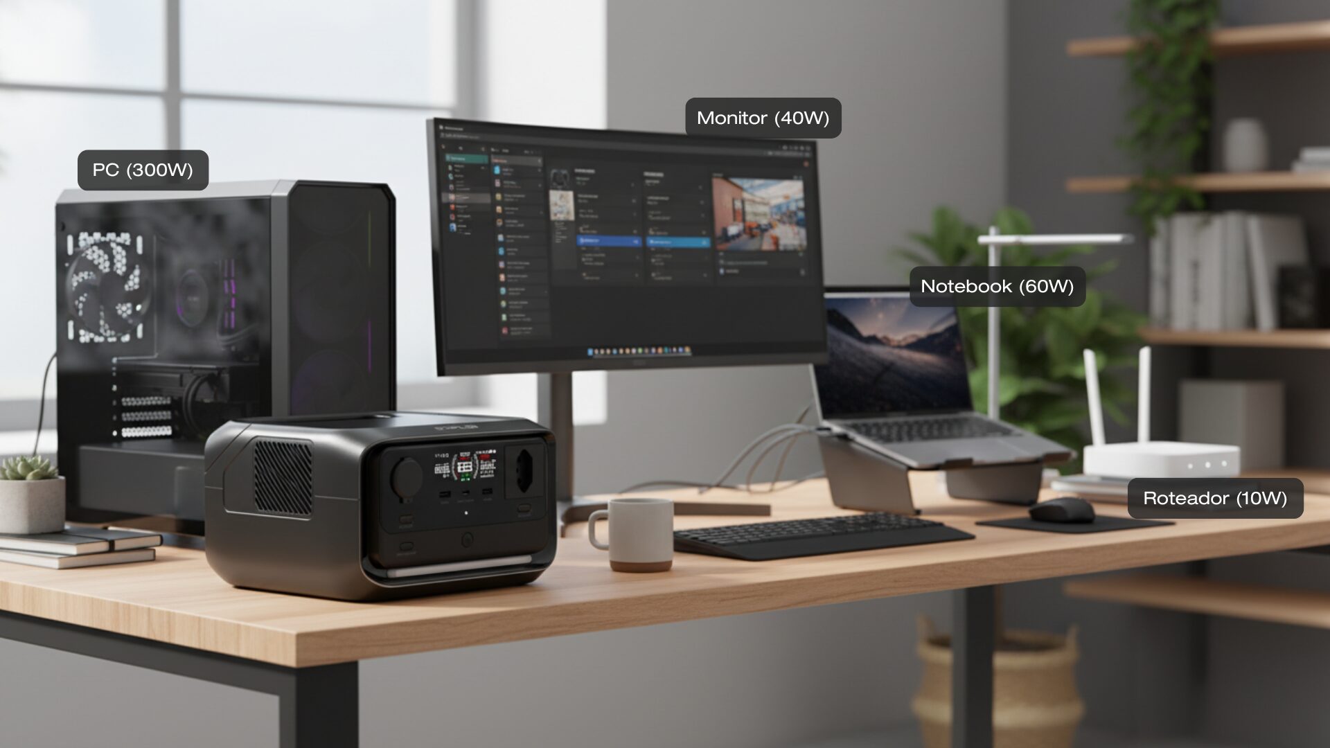 EcoFlow RIVER 3 Plus em uso no escritório