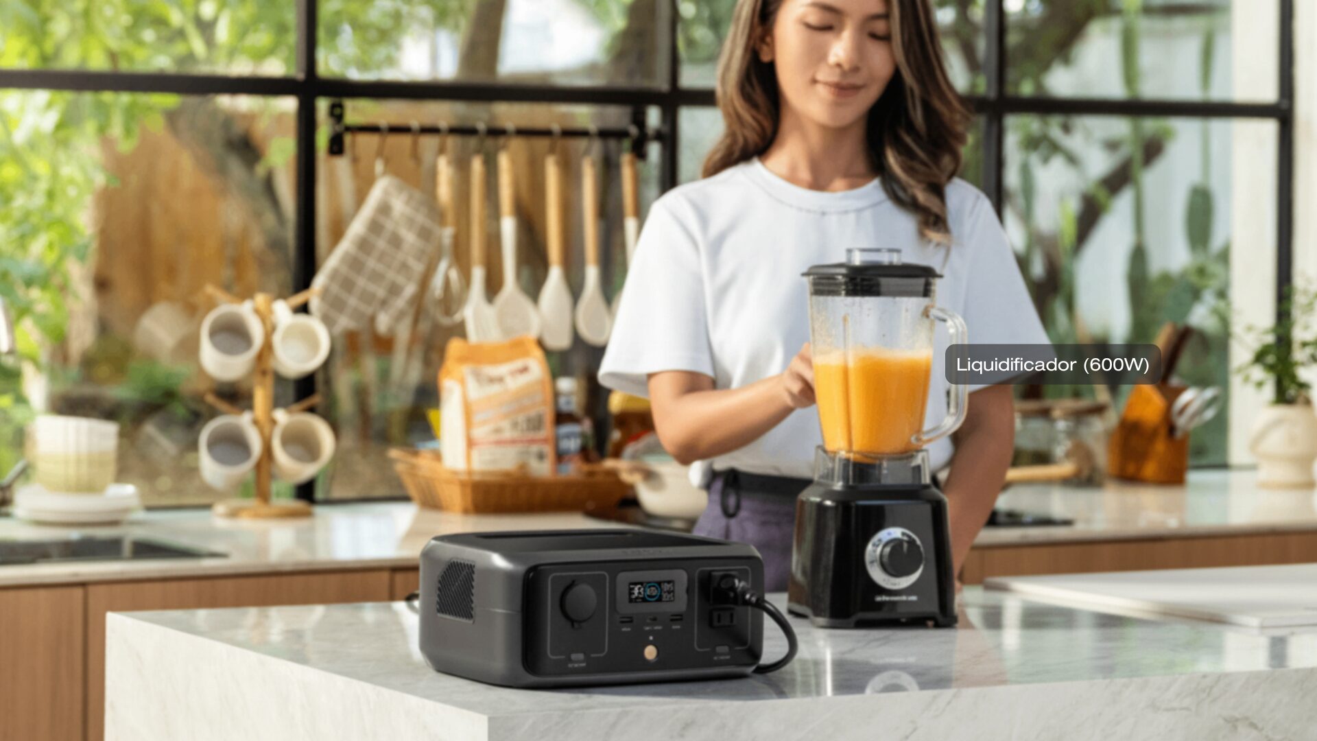 EcoFlow RIVER 3 em uso na cozinha