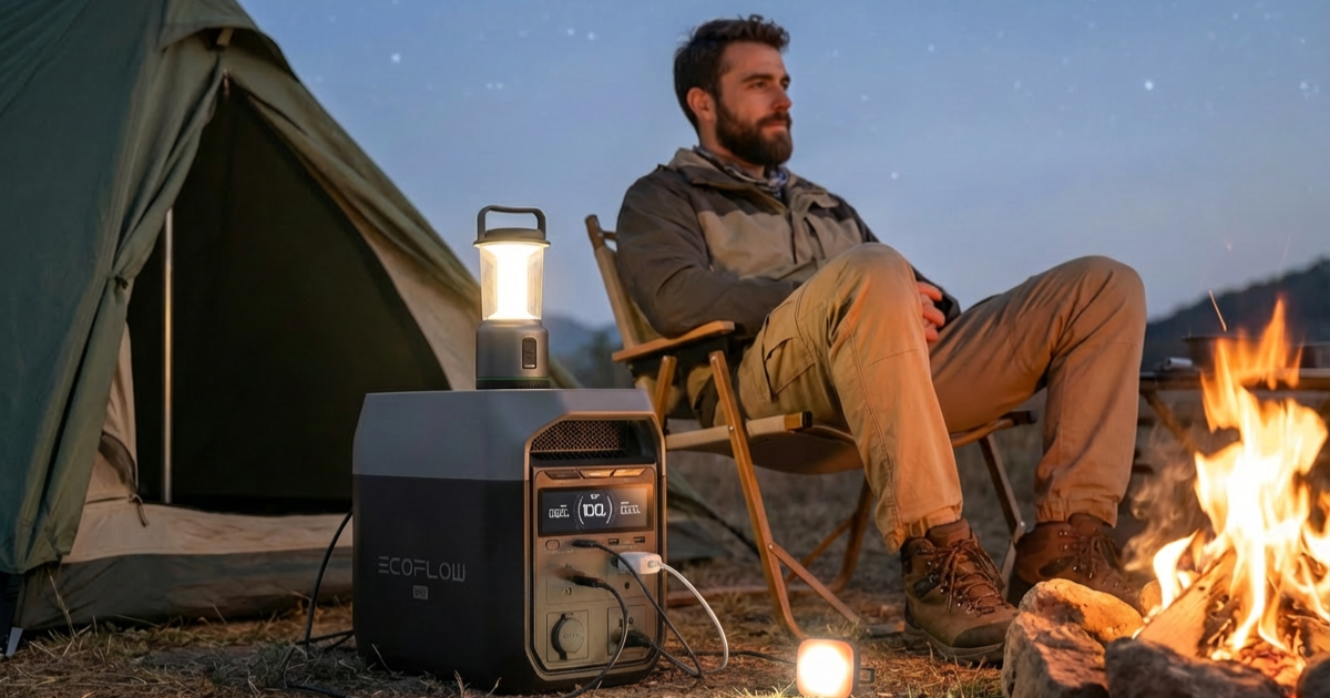 homem acampando utilizando sua estação de energia portátil da EcoFlow