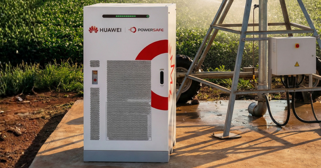 Sistema BESS instalado em operação agrícola com energia solar no campo