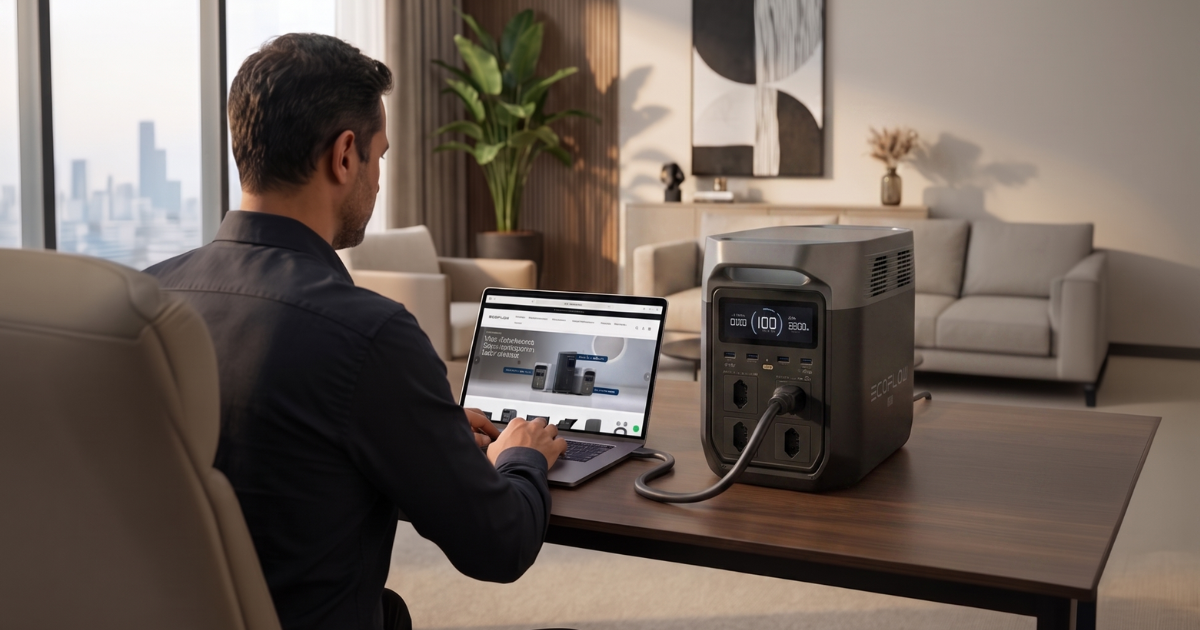 homem utilizando energia inteligente da EcoFlow para carregar seu notebook