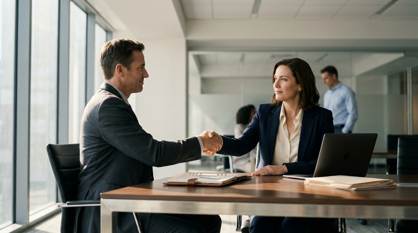 Duas pessoas apertando as mãos em contexto corporativo