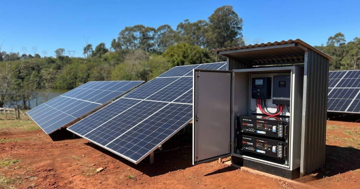 Sistema solar fotovoltaico com banco de baterias Getpower instalado em área rural